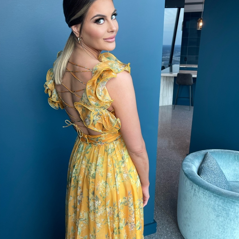 Mac Duggal Floral Yellow Chiffon Gown